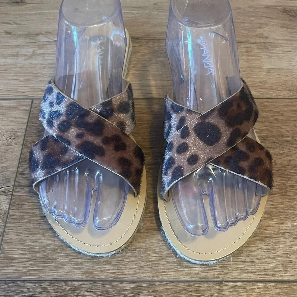 Anna women’s slide in Sandals leopard print pony hair cross cross flats new